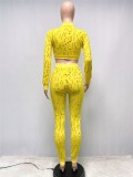 Fall Sexy Yellow Hollow Out Zipper Long Sleeve Crop Top And Pant Two Piece Set