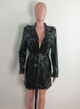 Fall Fashion Black PU Leather Long Blazer Dress with Belt