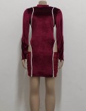 Fall Sexy Red Velvet Round Neck Long Sleeve Cutout Bodycon Dress