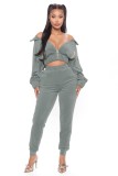 Fall Sexy Gray Velvet Zipper Turndown Neck Two Piece Tracksuits