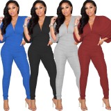 Fall Sexy Red V-neck Batwing sleeve Ruched High Waist Jumpsuit