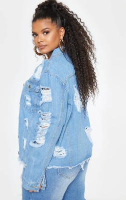 Fall Trendy Blue Long Sleeve Button Up Ripped Denim Jacket
