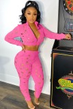 Fall Sexy Pink Hollow Out Zipper Long Sleeve Crop Top And Pant Two Piece Set