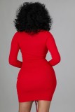 Fall Sexy Red Cut Out Laced Up Long Sleeve Midi Dress