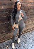 Fall Basic Style Grey Long Sleeve Hoodies And Pant 2 Piece Set