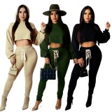 Fall Casual Green Long Sleeve Hood Laced Up Crop Top And Pant Set