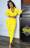 Fall Sexy Yellow Hollow Out Zipper Long Sleeve Crop Top And Pant Two Piece Set