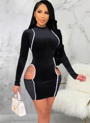 Fall Sexy Black Velvet Round Neck Long Sleeve Cutout Bodycon Dress