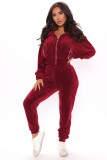 Fall Sexy Red Velvet Zipper Turndown Neck Two Piece Tracksuits