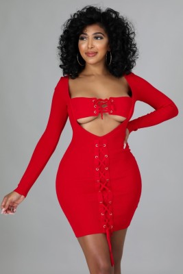 Fall Sexy Red Cut Out Laced Up Long Sleeve Midi Dress