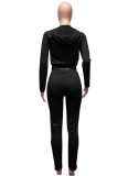 Winter Casual Black Zipper Pocket Long Sleeve Hoodies An Pant Two Piece Set