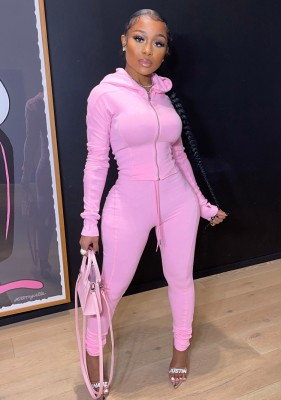Fall Sexy Pink Zipper Hoody Fitted Two Piece Tracksuits