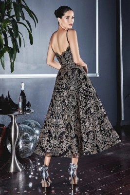 Fall Elegant Black Full Floral Straps Skater evening Dress