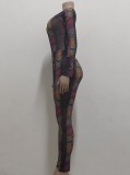 Fall Sexy Multi Color Print Off Shoulder Long Sleeve Bodysuit and Matching Skinny Pants Set