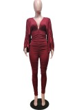 Fall Sexy Red V-neck Batwing sleeve Ruched High Waist Jumpsuit
