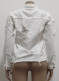 Fall Trendy White Long Sleeve Button Up Ripped Denim Jacket
