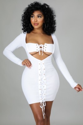 Fall Sexy White Cut Out Laced Up Long Sleeve Midi Dress