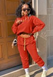 Winter Casual Red Fleece Long Sleeve Hoody Top And Pant Matching Set