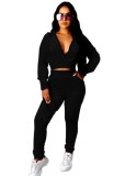 Fall Casual Black Zipper Hoody Crop Two Piece Tracksuits