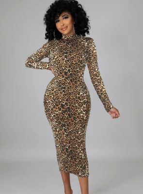 Fall Fashion Leopard Print Long Sleeve High Neck Long Dress