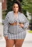 Fall Plus Size Black And White Print Long Sleeve Crop Top And Skirt Set