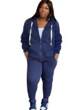 Fall Plus Size Casual Dark Blue Zipper Hoode Two Piece Tracksuits