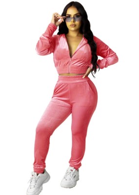 Fall Casual Pink Zipper Hoody Crop Two Piece Tracksuits