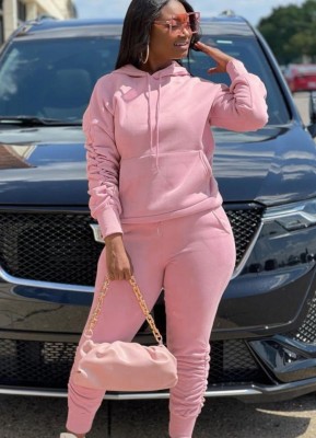Fall Sports Pink Pullover Hoody Two Piece Sweatsuits