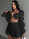 Fall Sexy Black Sweetheart Puff Sleeve Crop Top And Ruched Mini Skirt Set