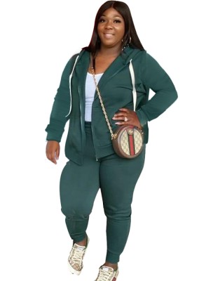 Fall Plus Size Casual Dark Green Zipper Hoode Two Piece Tracksuits