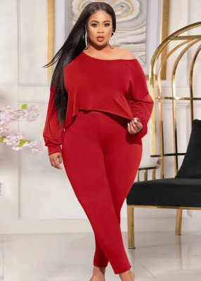 Fall Plus Size Casual Red Long Sleeve Irregular Top And Skinny Pants Set