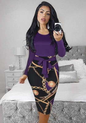 Fall Purple Print Round Neck Long Sleeve With Belt Midi Dress