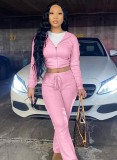 Fall Casual Pink Zipper With Hood Long Sleeve Crop Top And Pant Matching Set
