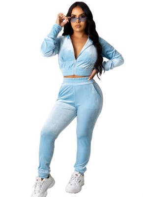 Fall Casual Blue Zipper Hoody Crop Two Piece Tracksuits