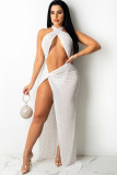 Summer White Beaded Sexy Cut Out Halter Slit Long Party Dress