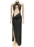 Summer Black Beaded Sexy Cut Out Halter Slit Long Party Dress