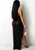 Summer Black Beaded Sexy Cut Out Halter Slit Long Party Dress