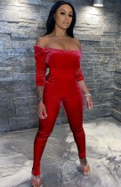 Winter Red Off Shoulder Fitted Velour Jumpsuit