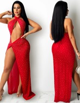 Summer Red Beaded Sexy Cut Out Halter Slit Long Party Dress