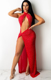Summer Red Beaded Sexy Cut Out Halter Slit Long Party Dress