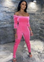 Winter Pink Off Shoulder Fitted Velour Jumpsuit