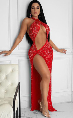 Summer Red Beaded Sexy Cut Out Halter Slit Long Party Dress
