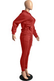 Winter Red Long Sleeve Hooded Sweatsuit with Pocket