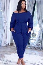 Autumn Casual Blue Stacked Jumpsuit with Pockets