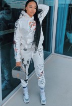 Winter Print White Hooded Sweatsuit with Pocket