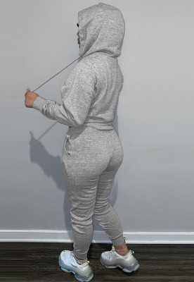 Winter Grey Long Sleeve Hooded Sweatsuit with Pocket