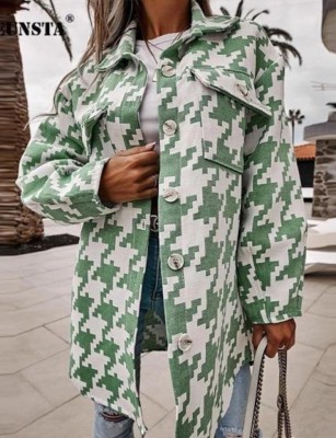 Autumn Print Green Long Blouse with Pockets