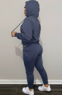 Winter Blue Long Sleeve Hooded Sweatsuit with Pocket