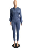 Winter Blue Long Sleeve Hooded Sweatsuit with Pocket