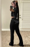 Winter Black Beaded Letter Hoody Velour Tracksuit